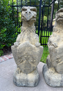 Vintage English Statues Garden Figures GARGOYLES Shield Cast Stone PAIR 28.5"