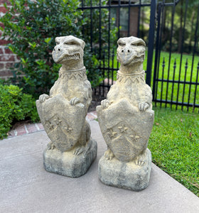 Vintage English Statues Garden Figures GARGOYLES Shield Cast Stone PAIR 28.5"