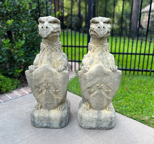 Vintage English Statues Garden Figures GARGOYLES Shield Cast Stone PAIR 28.5"