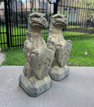 Load image into Gallery viewer, Vintage English Statues Garden Figures GARGOYLES Shield Cast Stone PAIR 28.5&quot;