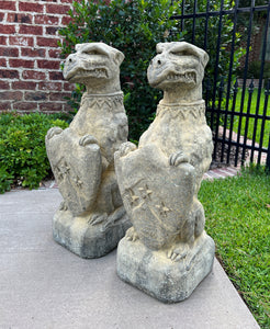 Vintage English Statues Garden Figures GARGOYLES Shield Cast Stone PAIR 28.5"