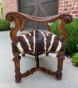 Antique French Bench Chair Settee Renaissance Revival Zebra Hide Walnut 19C