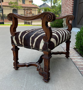 Antique French Bench Chair Settee Renaissance Revival Zebra Hide Walnut 19C