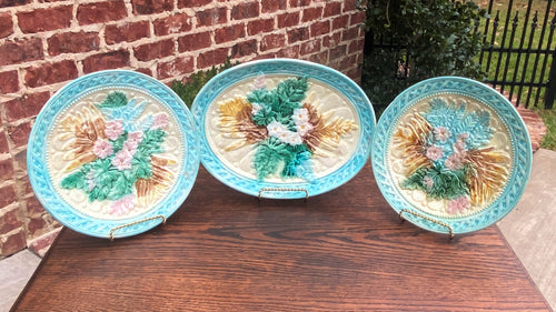 Antique French Majolica Set of 3 Plates Platter Floral Pastel Green Pink Blue