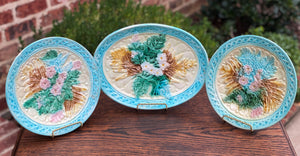 Antique French Majolica Set of 3 Plates Platter Floral Pastel Green Pink Blue