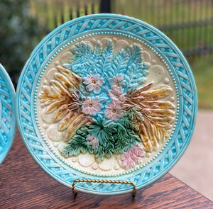Antique French Majolica Set of 3 Plates Platter Floral Pastel Green Pink Blue