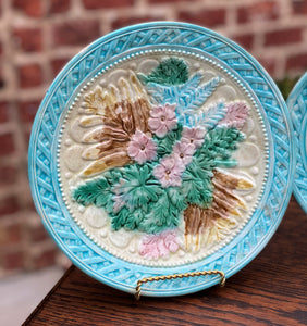 Antique French Majolica Set of 3 Plates Platter Floral Pastel Green Pink Blue