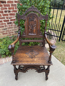 Antique French Carved Oak Breton Brittany Fireside Chair Desk Entry Hall Bench