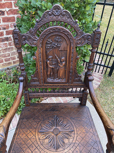 Antique French Carved Oak Breton Brittany Fireside Chair Desk Entry Hall Bench