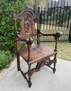 Antique French Carved Oak Breton Brittany Fireside Chair Desk Entry Hall Bench