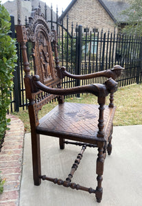 Antique French Carved Oak Breton Brittany Fireside Chair Desk Entry Hall Bench