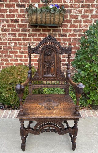 Antique French Carved Oak Breton Brittany Fireside Chair Desk Entry Hall Bench