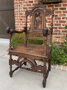 Antique French Carved Oak Breton Brittany Fireside Chair Desk Entry Hall Bench