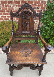 Antique French Carved Oak Breton Brittany Fireside Chair Desk Entry Hall Bench