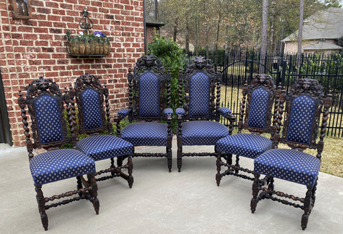 Antique French Chairs Barley Twist Hunt Set of 6 Blue Upholstery Black Forest