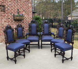 Antique French Chairs Barley Twist Hunt Set of 6 Blue Upholstery Black Forest
