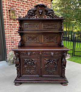 Antique French Server Buffet Sideboard Cabinet Oak Renaissance Dogs Birds Lions