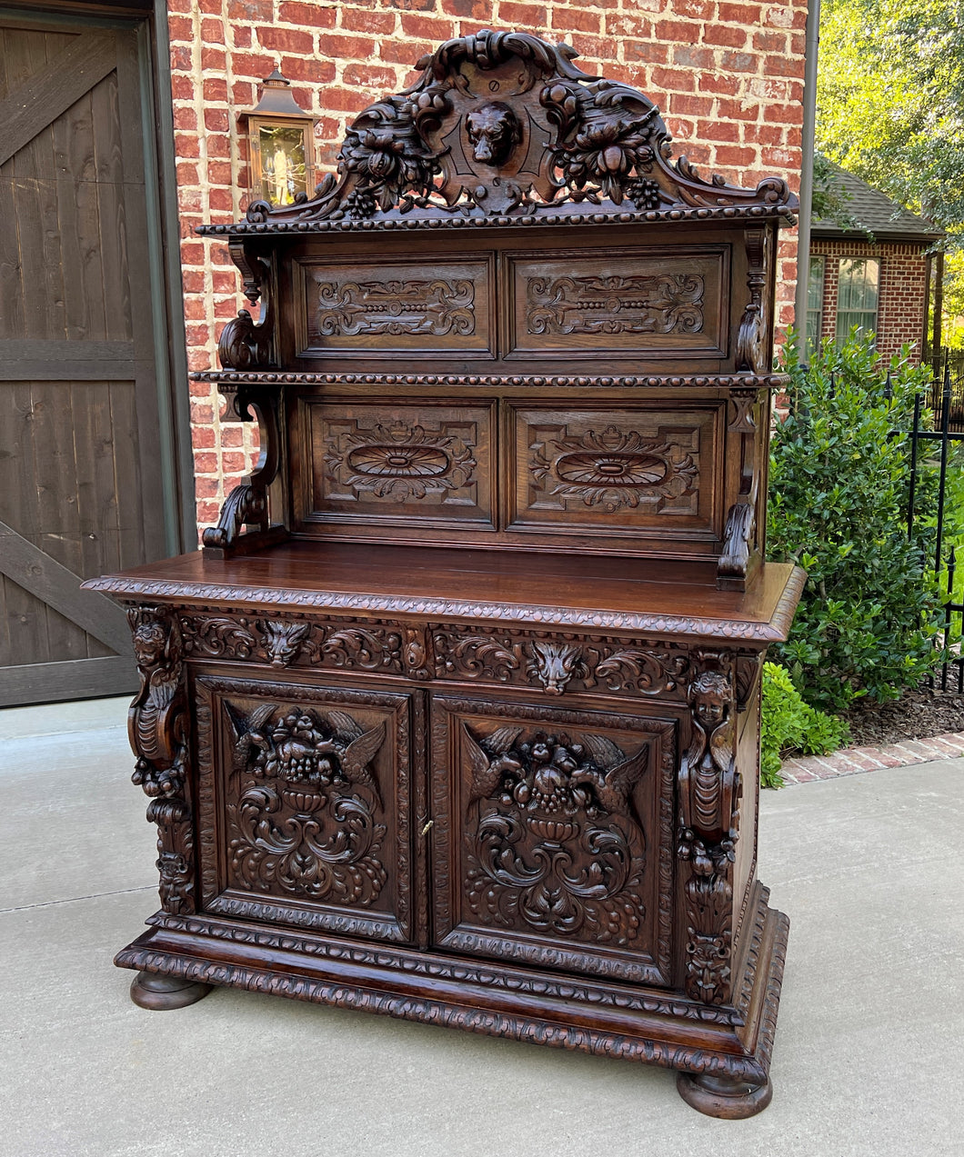 Antique French Server Buffet Sideboard Cabinet Oak Renaissance Dogs Birds Lions