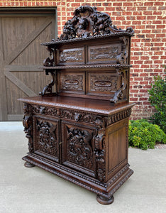 Antique French Server Buffet Sideboard Cabinet Oak Renaissance Dogs Birds Lions