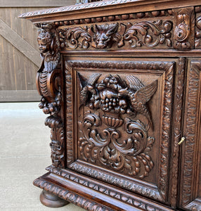 Antique French Server Buffet Sideboard Cabinet Oak Renaissance Dogs Birds Lions