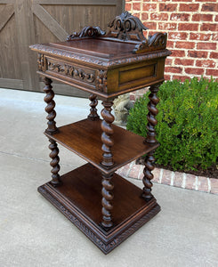 Tall Antique French Server Pedestal Barley Twist Nightstand End Table Drawer Oak