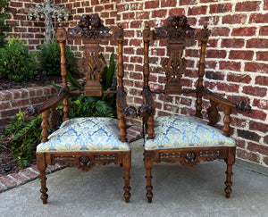 Antique French Arm Chairs PAIR Cherubs Angels Carved Walnut Blue Upholstery