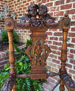 Antique French Arm Chairs PAIR Cherubs Angels Carved Walnut Blue Upholstery