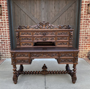 Antique French Barley Twist Desk Renaissance Revival Oak Office Library Desk