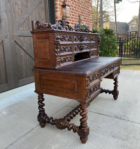 Antique French Barley Twist Desk Renaissance Revival Oak Office Library Desk