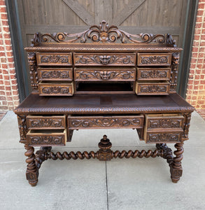 Antique French Barley Twist Desk Renaissance Revival Oak Office Library Desk