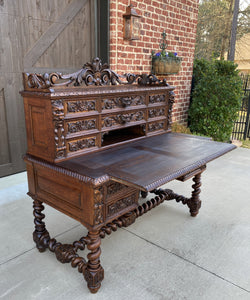 Antique French Barley Twist Desk Renaissance Revival Oak Office Library Desk