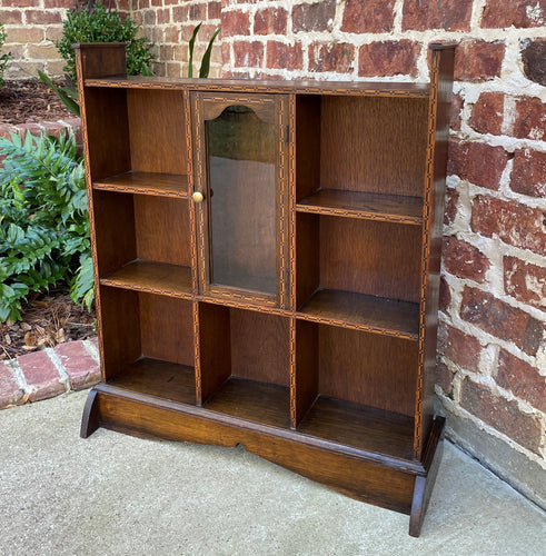 Antique English Oak Display Shelf Cabinet Bookcase Freestanding Inlaid c. 1900