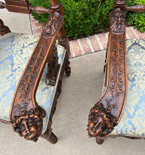 Load image into Gallery viewer, Antique French Arm Chairs PAIR Cherubs Angels Carved Walnut Blue Upholstery