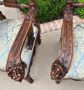 Antique French Arm Chairs PAIR Cherubs Angels Carved Walnut Blue Upholstery