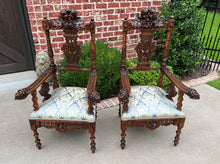 Load image into Gallery viewer, Antique French Arm Chairs PAIR Cherubs Angels Carved Walnut Blue Upholstery