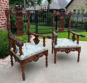 Antique French Arm Chairs PAIR Cherubs Angels Carved Walnut Blue Upholstery