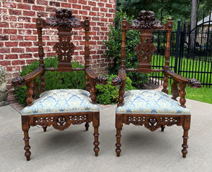 Antique French Arm Chairs PAIR Cherubs Angels Carved Walnut Blue Upholstery