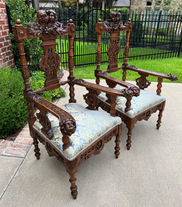 Antique French Arm Chairs PAIR Cherubs Angels Carved Walnut Blue Upholstery