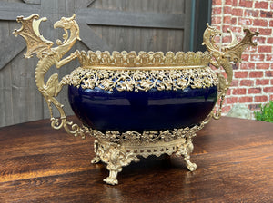 Antique French Bronze Planter Cache Pot Jardiniere Vase Bowl Cobalt Indigo Blue