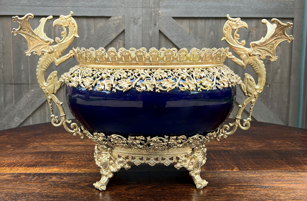 Antique French Bronze Planter Cache Pot Jardiniere Vase Bowl Cobalt Indigo Blue