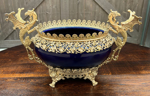 Antique French Bronze Planter Cache Pot Jardiniere Vase Bowl Cobalt Indigo Blue