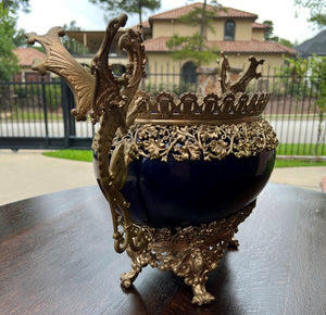 Antique French Bronze Planter Cache Pot Jardiniere Vase Bowl Cobalt Indigo Blue