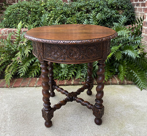 Antique French Table ROUND BARLEY TWIST End Table Oak Renaissance Revival 19th C