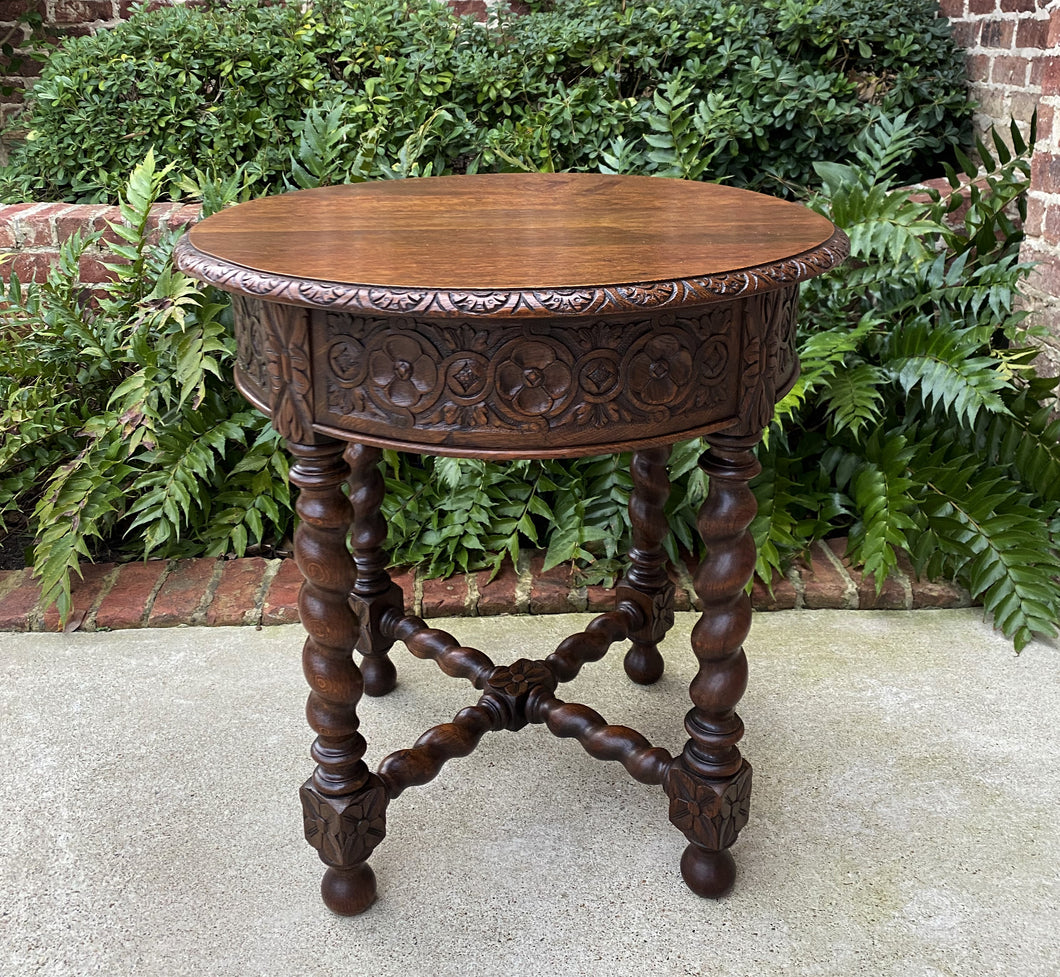 Antique French Table ROUND BARLEY TWIST End Table Oak Renaissance Revival 19th C