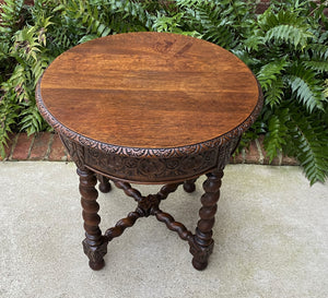 Antique French Table ROUND BARLEY TWIST End Table Oak Renaissance Revival 19th C