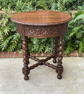 Antique French Table ROUND BARLEY TWIST End Table Oak Renaissance Revival 19th C