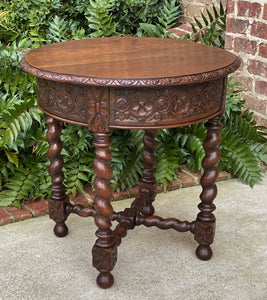 Antique French Table ROUND BARLEY TWIST End Table Oak Renaissance Revival 19th C