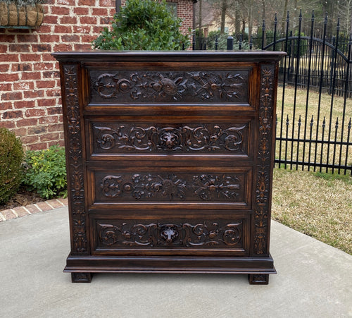 Antique French Chest of Drawers Renaissance Revival Oak Shields Knights Lions