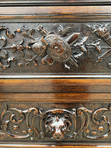 Antique French Chest of Drawers Renaissance Revival Oak Shields Knights Lions
