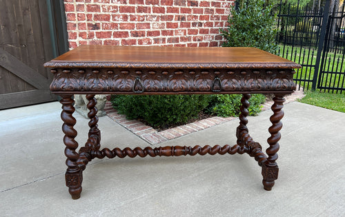 Antique French Desk Table Renaissance Revival Barley Twist Carved Oak